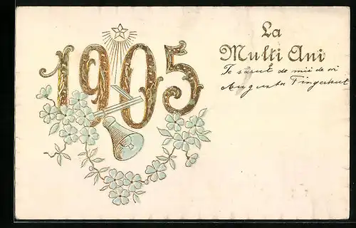 AK Neujahr 1905 mit Blumen und Glocke