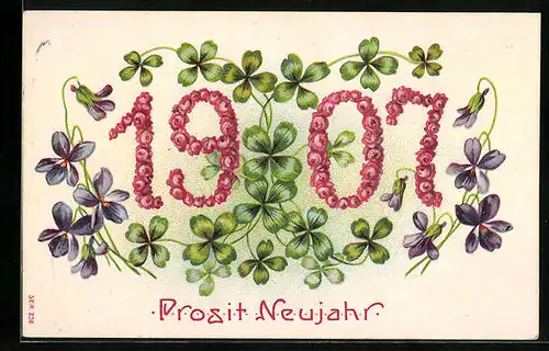 Präge-AK Prosit Neujahr 1907, Kleeblätter und Veilchen