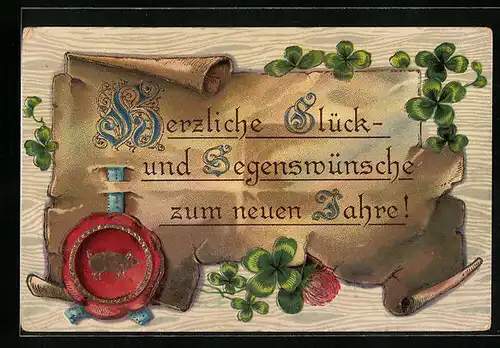 Künstler-AK Glückwünsche zu Neujahr, Siegel und Kleeblätter