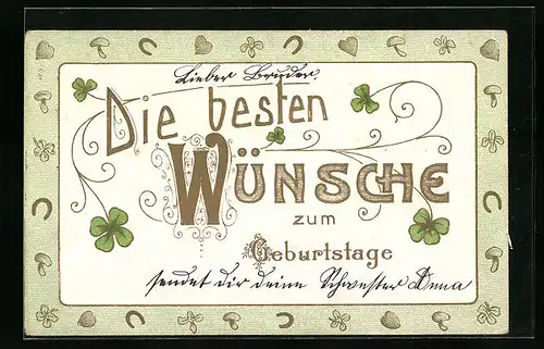 Präge-AK Glückwünsche zum Geburtstag, Glückspilze und Hufeisen