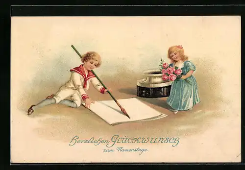 Künstler-AK Glückwünsche zum Namenstag, Kinder schreiben einen Brief