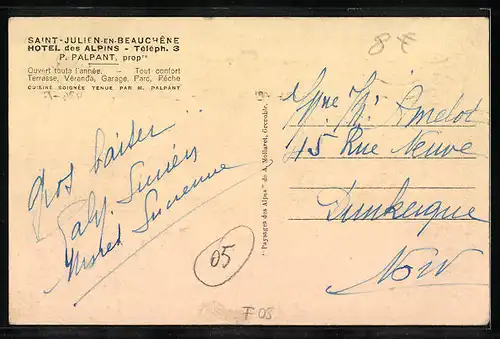 AK Saint-Julien-en-Beauchene, Vue generale et l`Hotel des Alpins