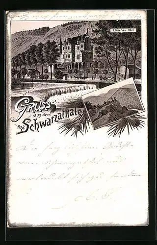 Lithographie Schwarzathale, Ansicht mit Fluss, Lösches Hall