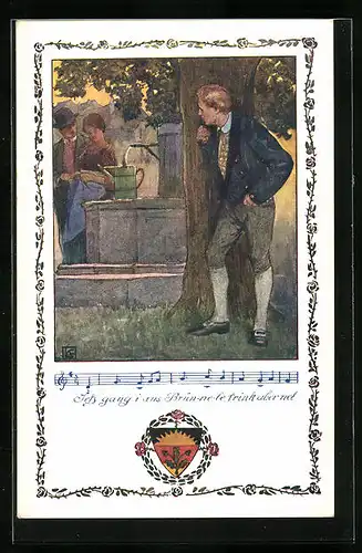Künstler-AK Karl Friedrich Gsur, Deutscher Schulverein Nr. 368: Lied Jetzt gang i ans Brünnele trink aber net