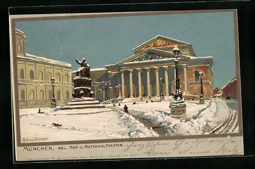 Künstler-AK Zeno Diemer: München, Königliches Hof- und Nationaltheater mit Denkmal im Schnee