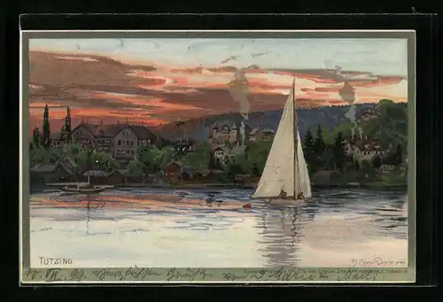 Künstler-AK Zeno Diemer: Tutzing, Uferpartie mit Segelboot