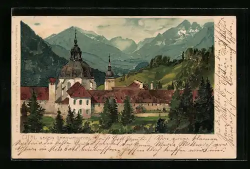 Künstler-AK Zeno Diemer: Ettal, Ortspartie mit Kirche gegen Graswangtal