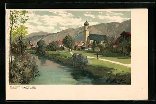 Künstler-AK Zeno Diemer: Oberammergau, Uferpartie mit Kirche