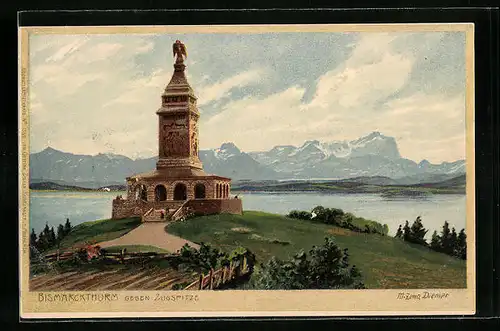 Künstler-AK Zeno Diemer: Bismarckturm gegen Zugspitze