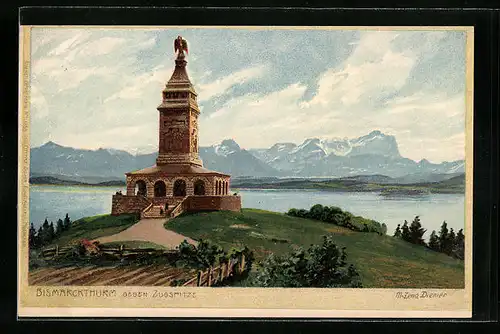 Künstler-AK Zeno Diemer: Bismarckturm gegen Zugspitze