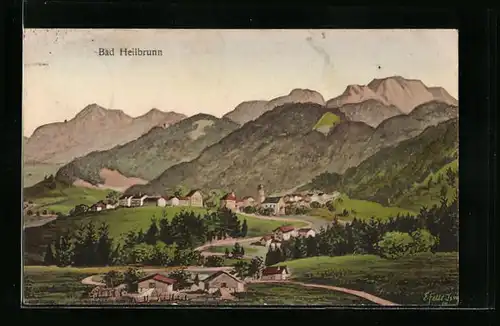 Künstler-AK Eugen Felle: Bad Heilbrunn, Teilansicht mit Bergen