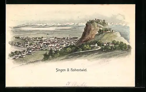 Künstler-AK Eugen Felle: Singen, Teilansicht mit Hohentwiel