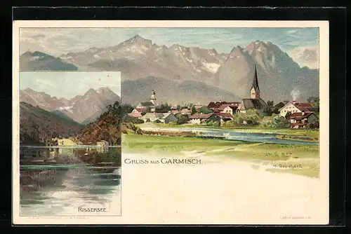 Künstler-AK Heinrich Deuchert: Garmisch, Teilansicht mit Kirche, Rissersee