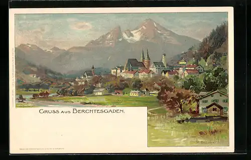 Künstler-AK Heinrich Deuchert: Berchtesgaden, Teilansicht mit Kirche