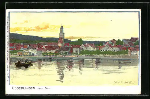 Künstler-AK Zeno Diemer: Überlingen, Teilansicht mit Kirche vom See