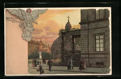 Künstler-AK Berlin, Passanten flanieren bei schönem Wetter