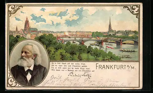 Lithographie Frankfurt /Main, Ortsansicht aus der Vogelschau