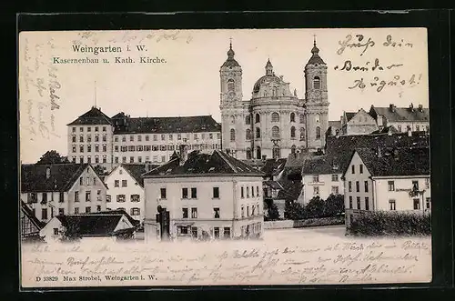 Relief-AK Weingarten i. W., Kasernenbau u. Katholische Kirche