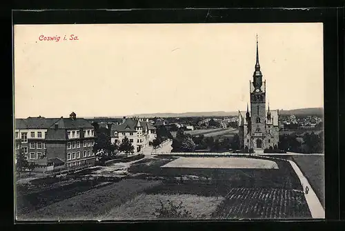 AK Coswig, Ortsansicht aus der Vogelschau