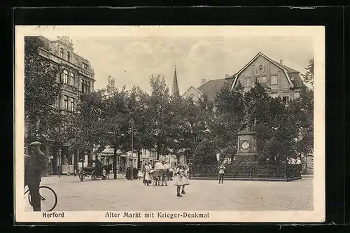 AK Herford, Alter Markt mit Krieger-Denkmal