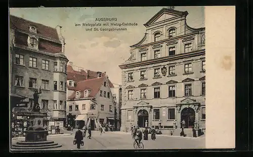 AK Augsburg, Metzgplatz mit Metzg-Gebäude und St. Georgsbrunnen