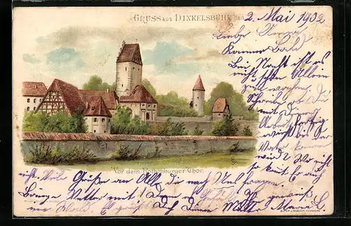 Lithographie Dinkelsbühl, vor dem Rothenburger Thor