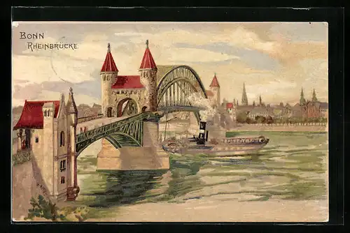 Lithographie Bonn, Blick auf die Rheinbrücke