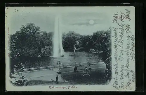 Mondschein-AK Wiesbaden, Kurhausanlagen mit Fontaine