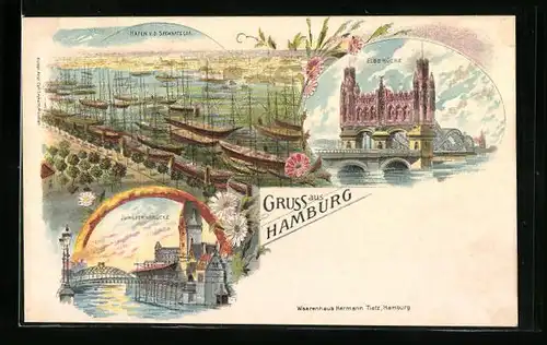 Lithographie Hamburg, Hafen von der Seewarte gesehen, Jungfern- und Elbbrücke