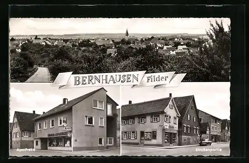 AK Bernhausen /Filder, Panorama, Apotheke und Strassenpartie