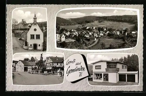 Passepartout-AK Gemünden /Ts., Gesamtansicht, Strassenpartie, Kirche, Geschäft Emil Mieheim