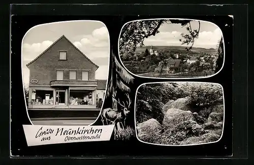 Passepartout-AK Neunkirchen /Westerw., Ortsansicht, Felsenpartie, Edeka-Geschäft Hermann Kunz