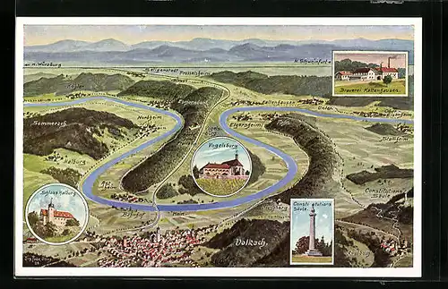 Künstler-AK Eugen Felle: Volkach /Unterfranken, Mainschleife, Brauerei Kaltenhausen, Vogelsberg