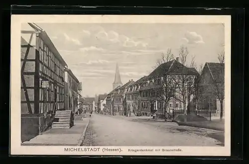 AK Michelstadt /Hessen, Keriegerdenkmal mit Braunstrasse
