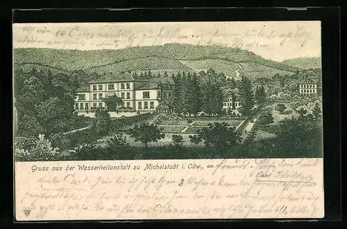 Lithographie Michelstadt /Odenw., Wasserheilanstalt aus der Vogelschau