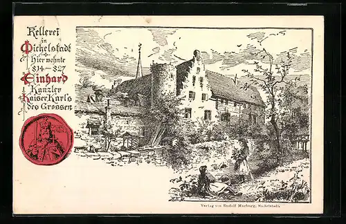 Künstler-AK Michelstadt, Historische Ansicht der Kellerei, Siegel Karls des Grossen