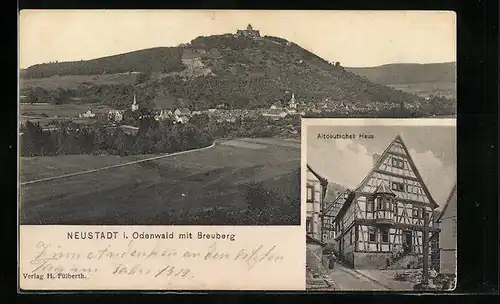 AK Neustadt i. O., Ortsansicht mit Burg Breuberg, Gasthof Altdeutsches Haus