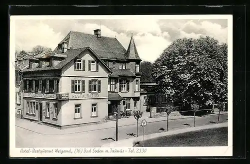 AK Bad Soden a. Taunus, Hotel-Restaurant Weigand mit Strasse aus der Vogelschau