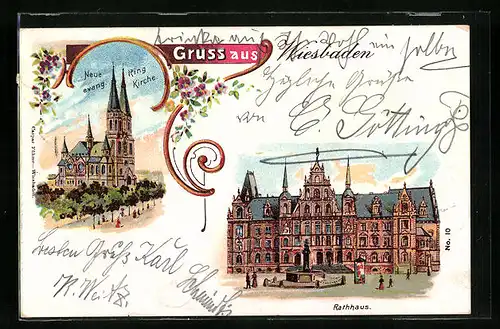 Lithographie Wiesbaden, Rathaus und Neue evang. Kirche