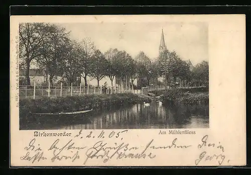 AK Birkenwerder, Am Mühlenfliess mit Kirche