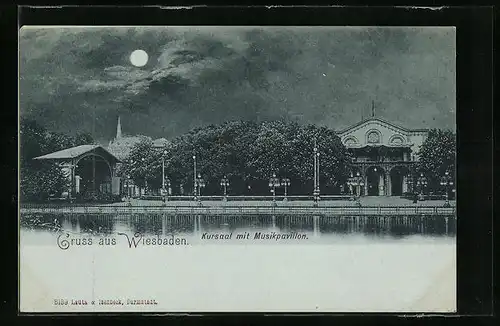 Mondschein-AK Wiesbaden, Kursaal mit Musikpavillon