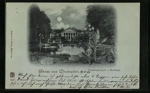 Mondschein-AK Wiesbaden, Blumenparquet und Kurhaus