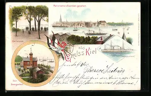 Lithographie Kiel, Panorama mit Bellevue