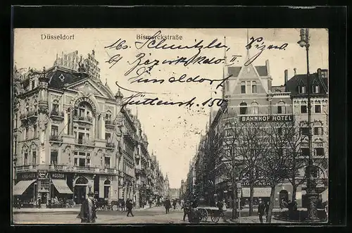 AK Düsseldorf, Bismarckstrasse und Bahnhof Hotel