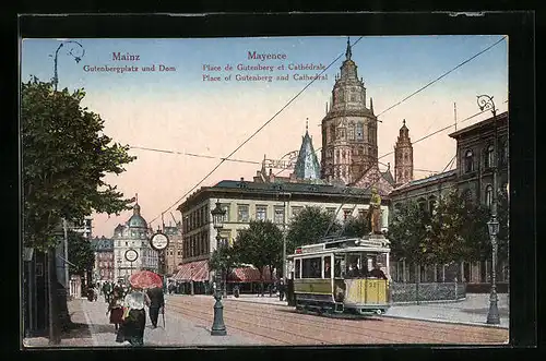 AK Mainz, Strassenbahn am Gutenbergplatz und Dom