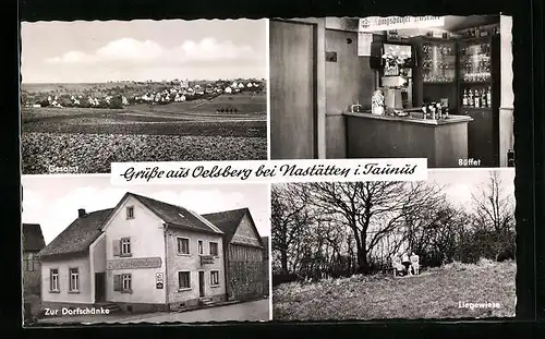 AK Oelsberg, Gesamtansicht mit Gasthaus Zur Dorfschänke, Familie sitzt auf der Liegewiese