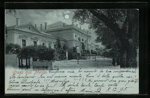 Mondschein-AK Meran, Strassenpartie der Promenade am Kurhaus