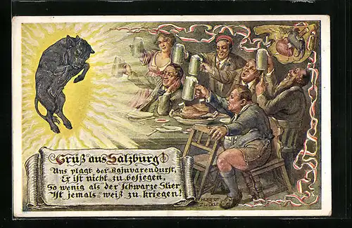 Künstler-AK Hubert von Zwickle: Salzburg, Männer mit vollen Bierkrügen und schwarzem Stier