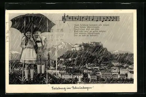 AK Salzburg, Kinder unter einem Regenschirm und Lied aus Im weissen Rössl