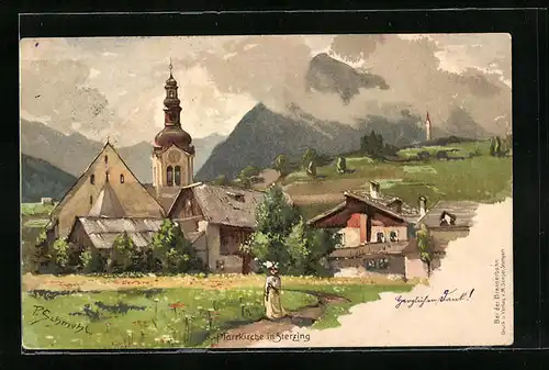 Künstler-AK P. Schmohl: Sterzing, Pfarrkirche mit Bergpanorama